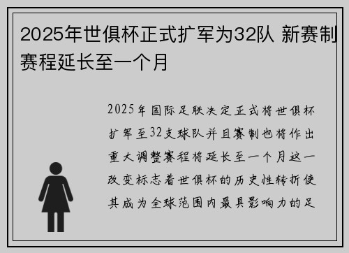 2025年世俱杯正式扩军为32队 新赛制赛程延长至一个月